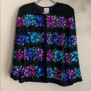 Vintage Jacket w/ Flower Detail Black Sequin Sz. L
